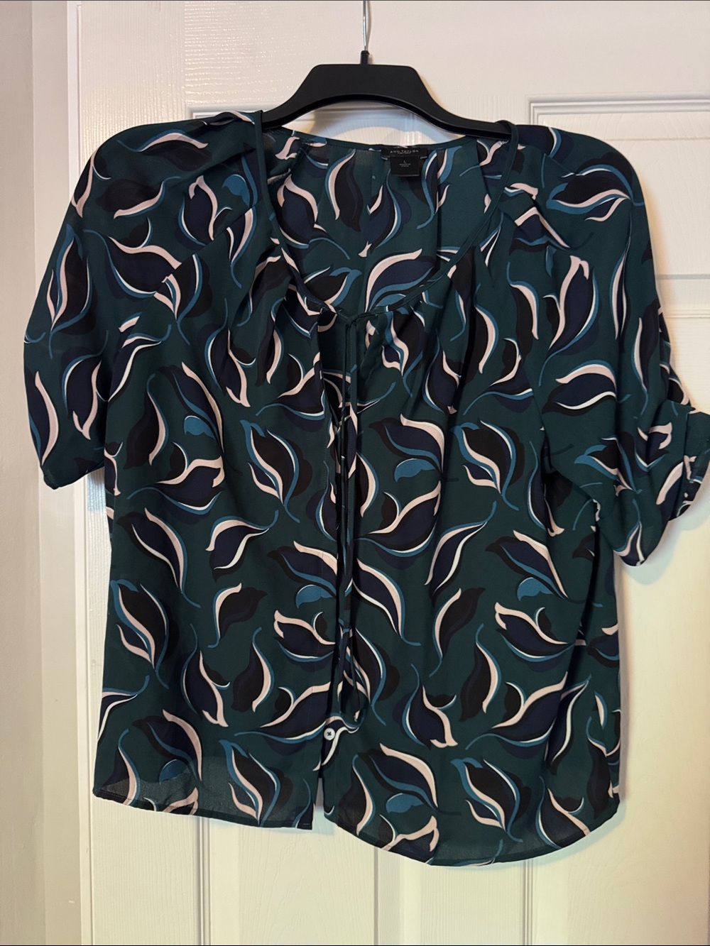 Ann Taylor Teal Abstract Print Tie-Front Blouse